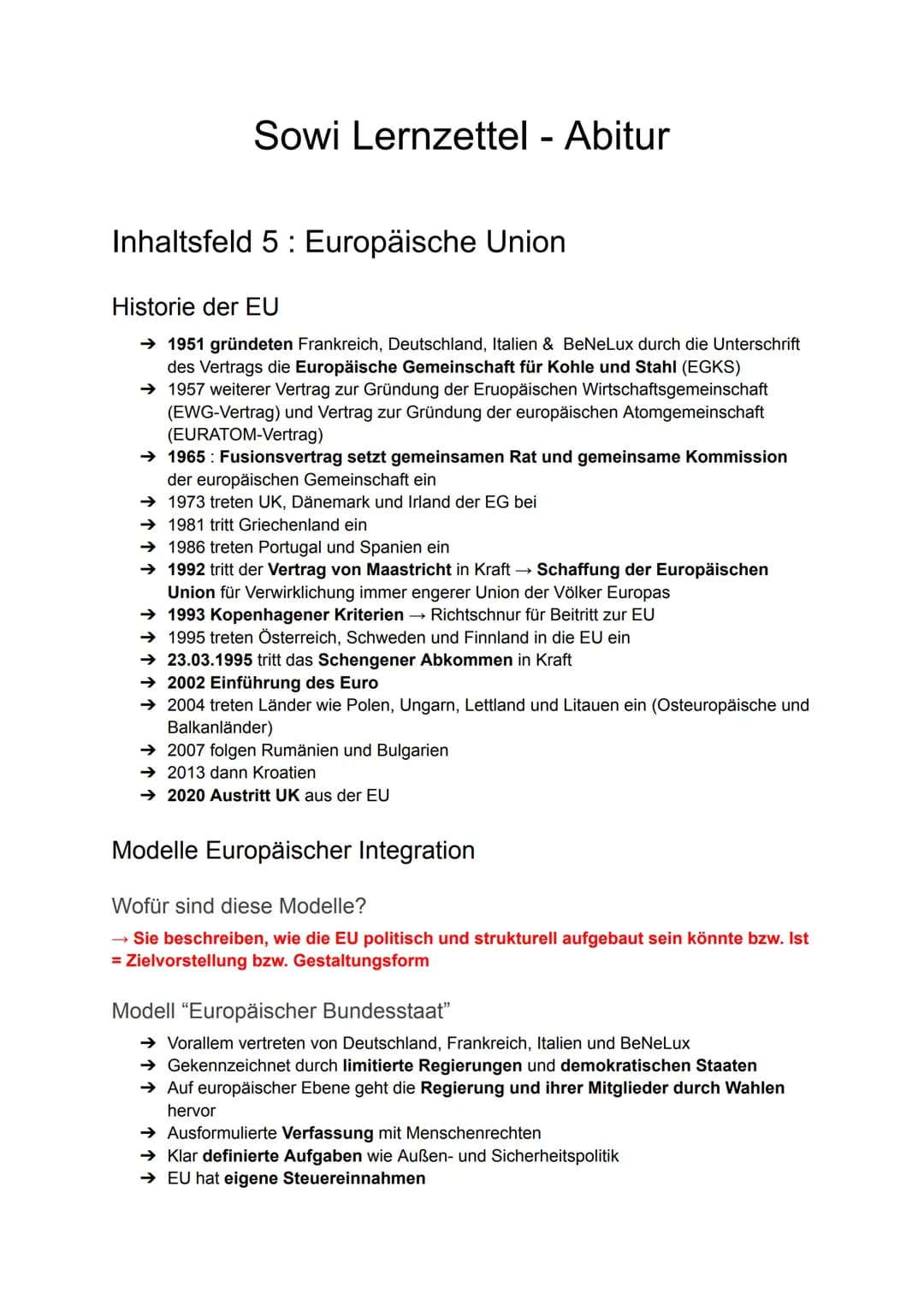 # Sowi Lernzettel - Abitur
Inhaltsfeld 5: Europäische Union
Historie der EU
→ 1951 gründeten Frankreich, Deutschland, Italien & BeNeLux d