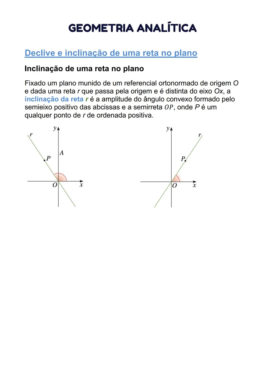# GEOMETRIA ANALÍTICA
## Declive e inclinação de uma reta no plano
### Inclinação de uma reta no plano
Fixado um plano munido de um refer