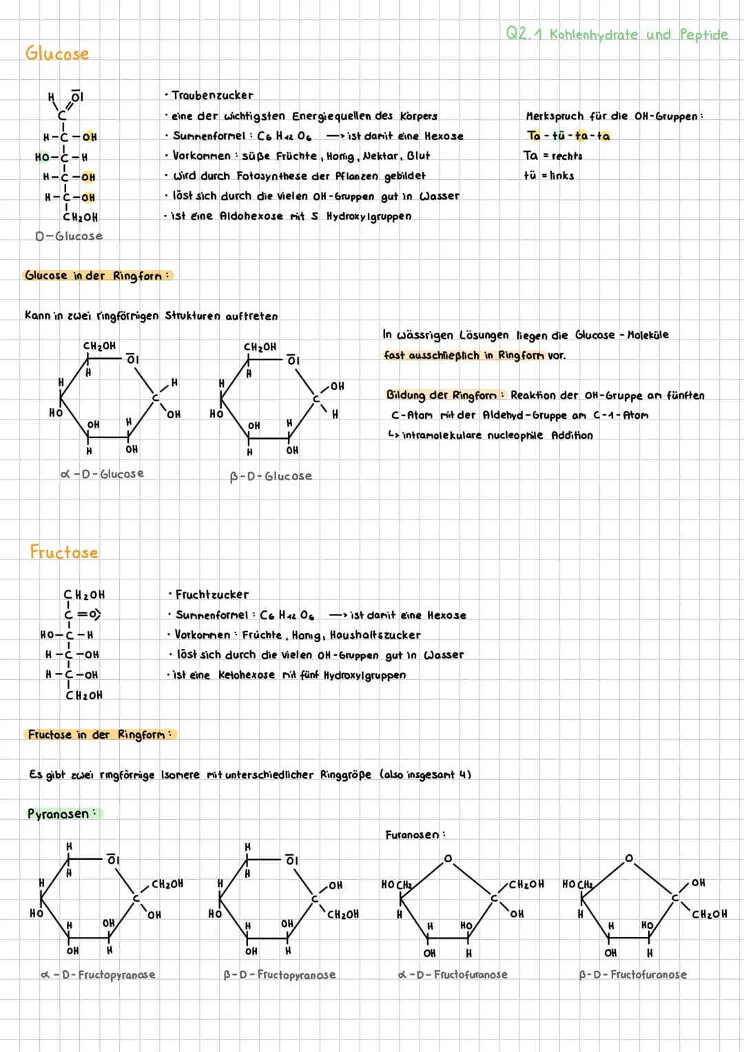 # Q2 Naturstoffe und Synthesechemie
## Q2.1 Kohlenhydrate und Peptide
Traubenzucker, Rohrzucker und Stärke gehören zur Stoffklasse der Koh