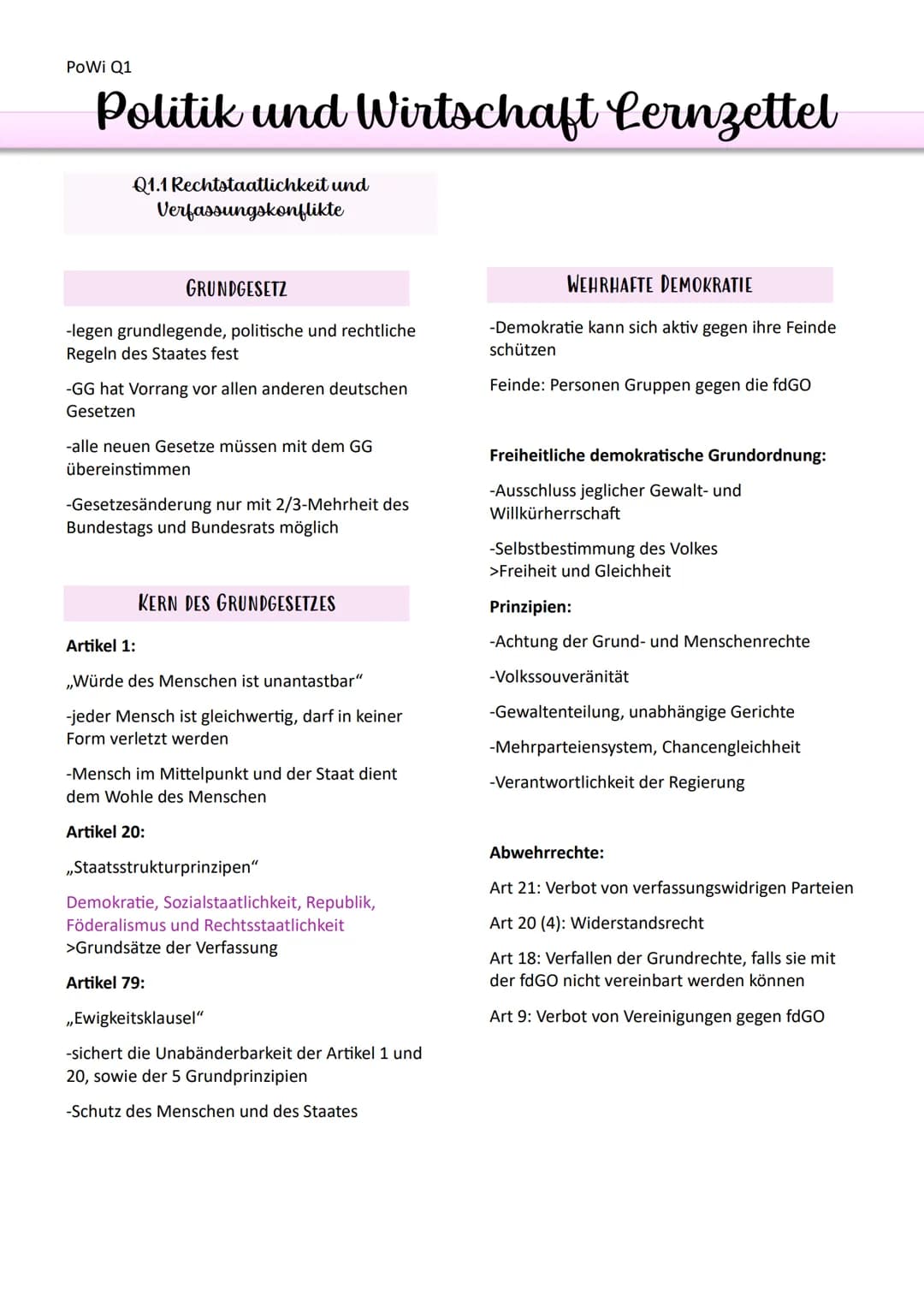 # PoWi Q1
# Politik und Wirtschaft Lernzettel
Q1.1 Rechtstaatlichkeit und
Verfassungskonflikte
GRUNDGESETZ
-legen grundlegende, politisc