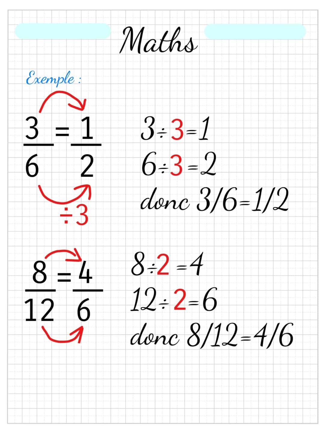 # Maths
I Les fractions
$
\frac{1}{2} = 1/2 = 1÷2
$
numérateur dénominateur
II Reduction de fractions
Réduire/simplifier une fraction c