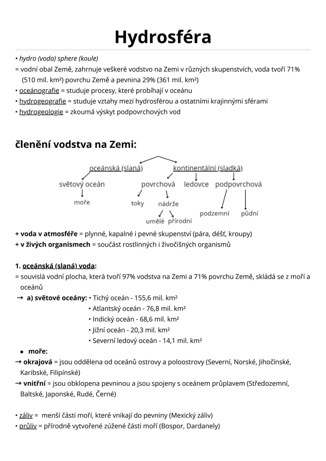 # Hydrosféra
• hydro (voda) sphere (koule)
= vodní obal Země, zahrnuje veškeré vodstvo na Zemi v různých skupenstvích, voda tvoří 71%
(510