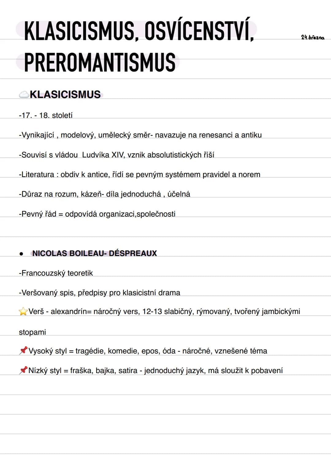 # KLASICISMUS, OSVÍCENSTVÍ,
# PREROMANTISMUS
KLASICISMUS
- -17. - 18. století
- -Vynikající, modelový, umělecký směr- navazuje na renesanc