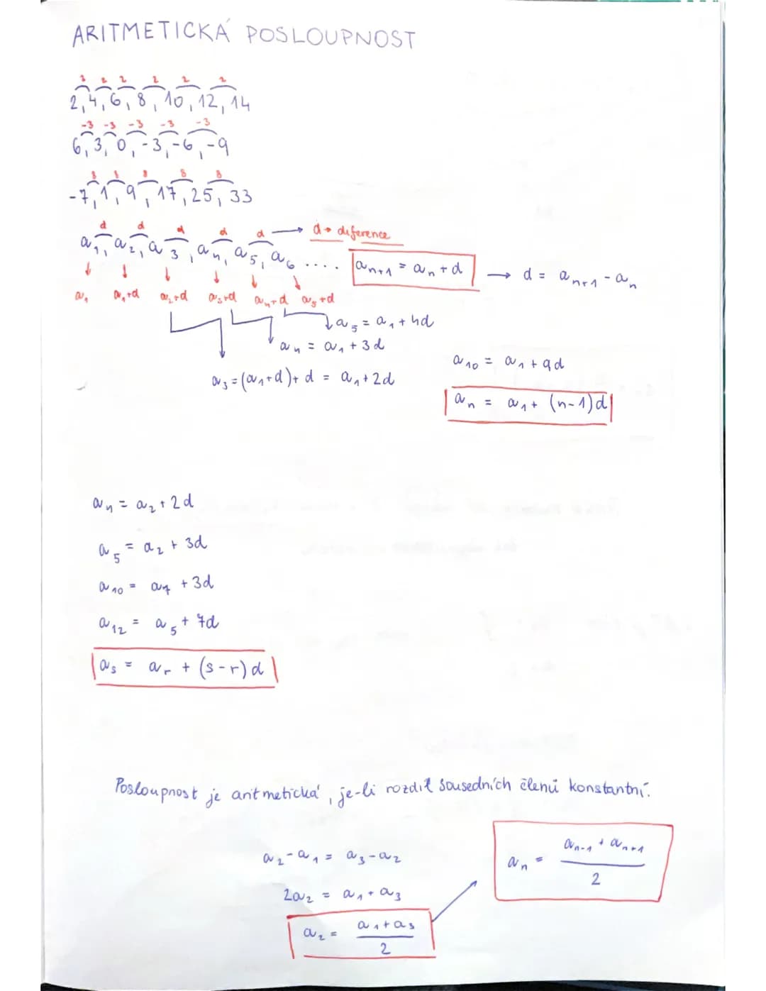 # ARITMETICKÁ POSLOUPNOST
2,4,6,8,10,12,14
6,3,0,-3,-6-9
-719,17,25, 33
$a$
$d$ deference
↓
$a_1, a_2, a_3, a_4, a_5, a_6$ ... $a_{n