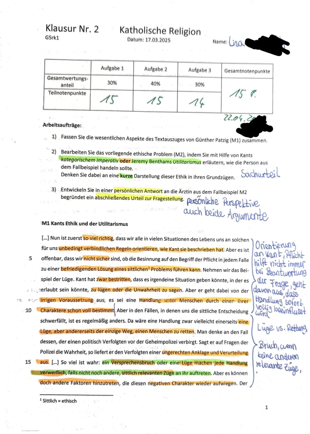 Klausur Nr. 2
G5rk1
Katholische Religion
Datum: 17.03.2025
Name: Lisa
Aufgabe 1
Aufgabe 2
Aufgabe 3 Gesamtnotenpunkte
Gesamtwertungs-
antei