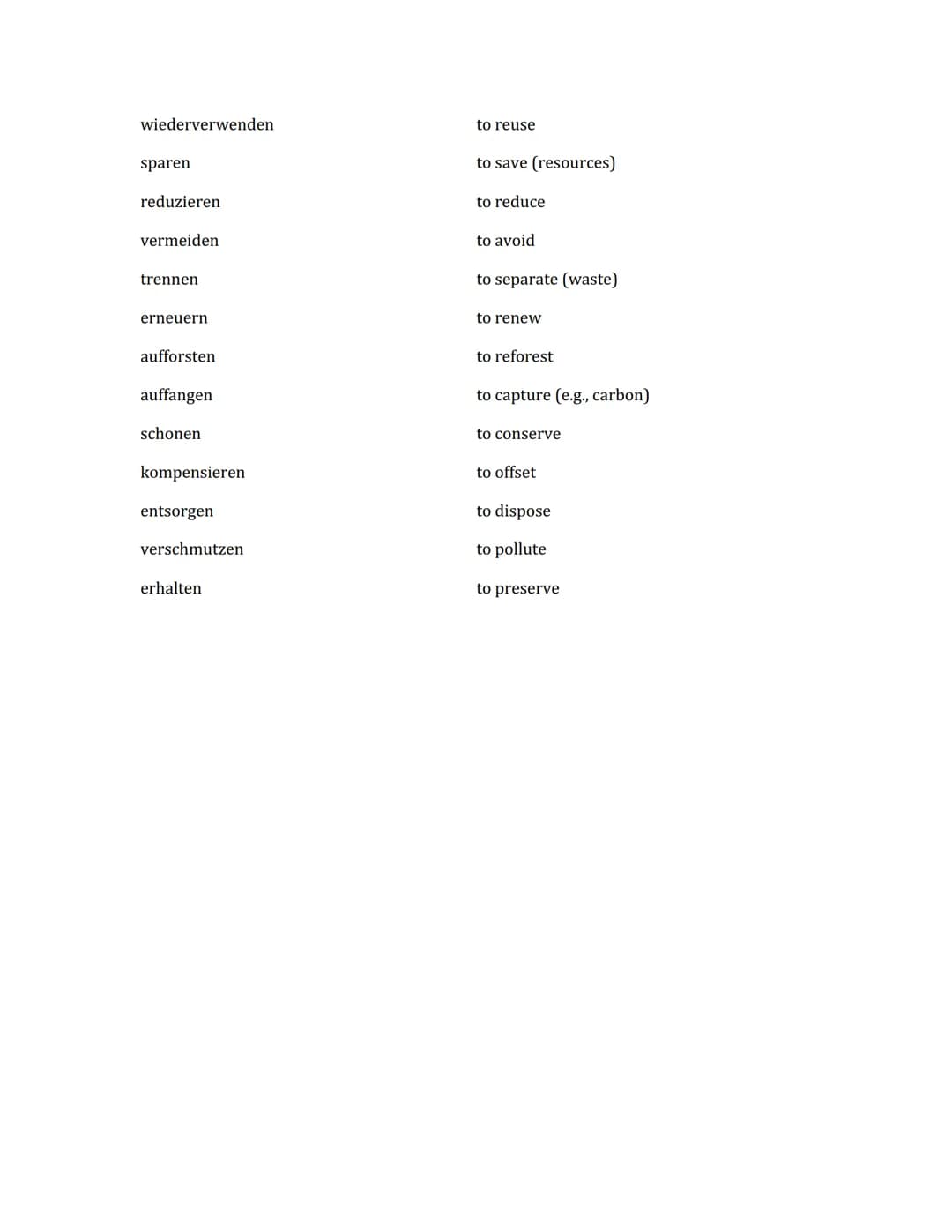 # German-English Vocabulary: Saving the
Planet
Adjectives (Adjektive)
German | English
---|---
nachhaltig | sustainable
umweltfreundlich |