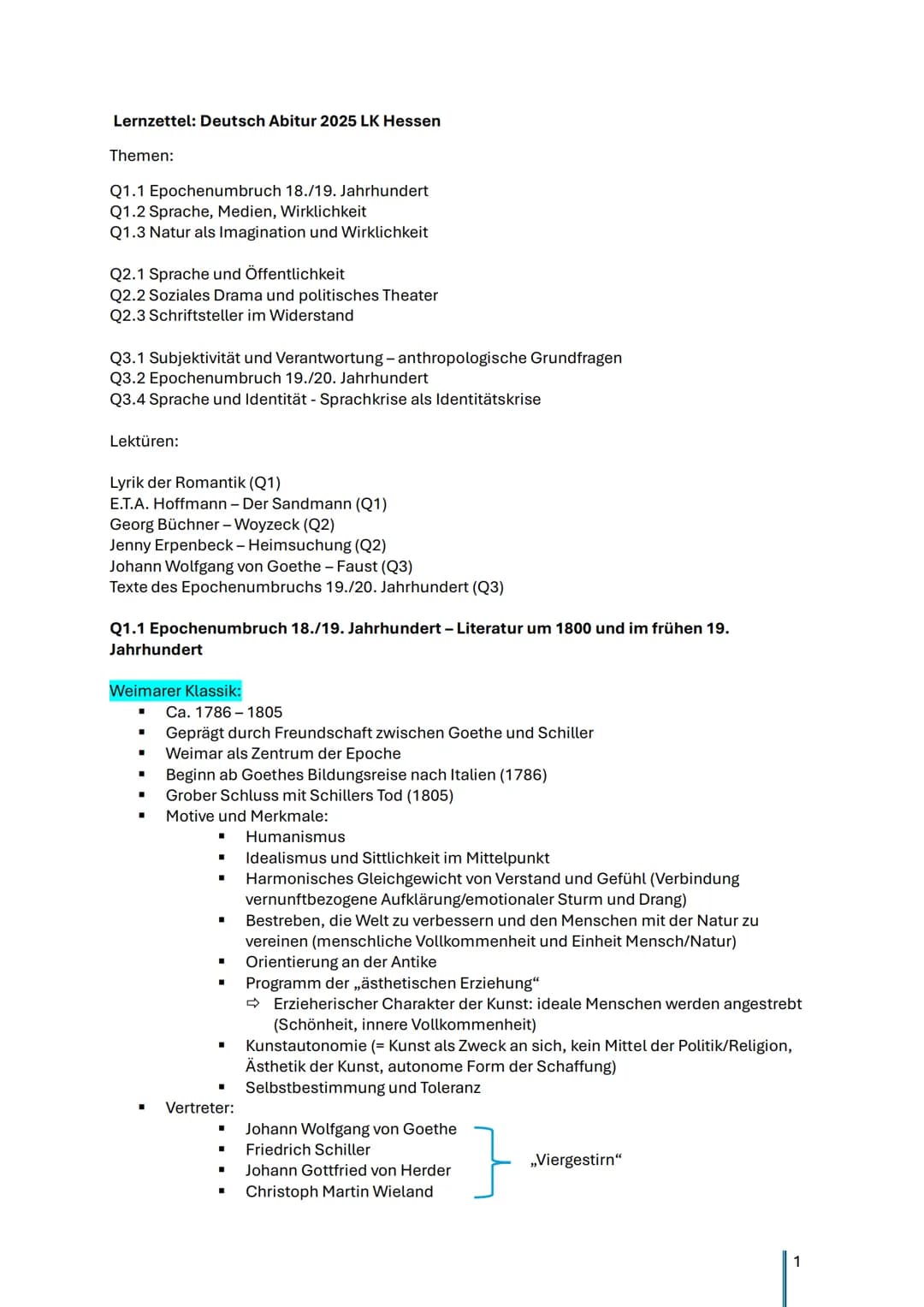 Lernzettel: Deutsch Abitur 2025 LK Hessen
Themen:
Q1.1 Epochenumbruch 18./19. Jahrhundert
Q1.2 Sprache, Medien, Wirklichkeit
Q1.3 Natur als
