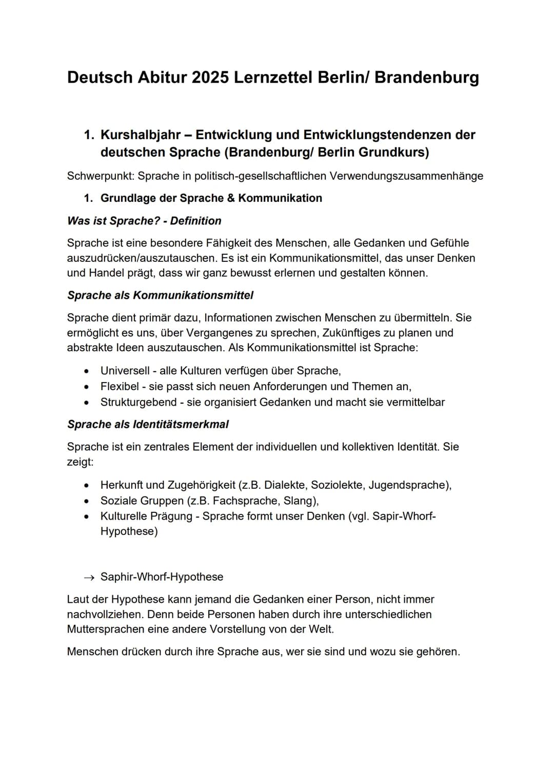 # Deutsch Abitur 2025 Lernzettel Berlin/ Brandenburg
1. Kurshalbjahr - Entwicklung und Entwicklungstendenzen der
deutschen Sprache (Branden