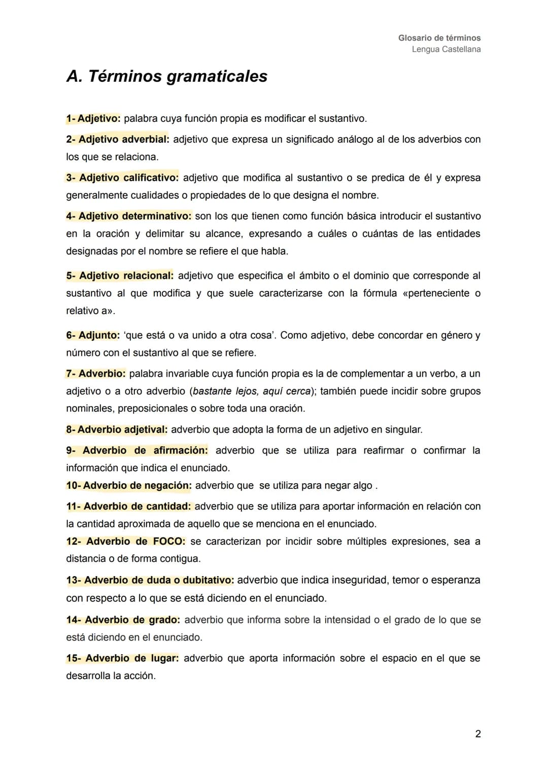 LENGUA CASTELLANA
# GLOSARIO ÍNDICE
Glosario de términos
Lengua Castellana
A- Términos gramaticales................................pág. 2-1
