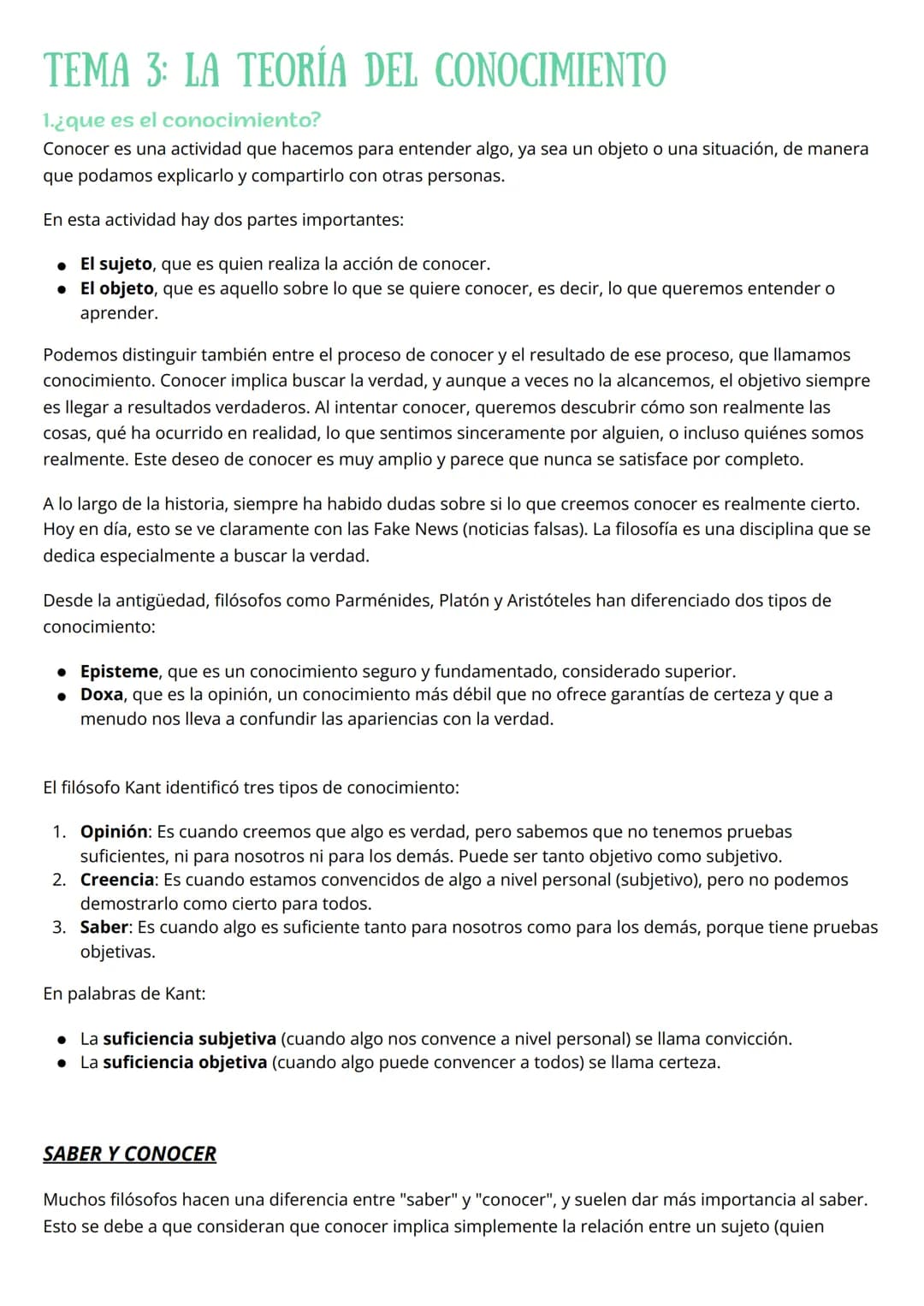 TEMA 3: LA TEORÍA DEL CONOCIMIENTO
1.¿que es el conocimiento?
Conocer es una actividad que hacemos para entender algo, ya sea un objeto o un