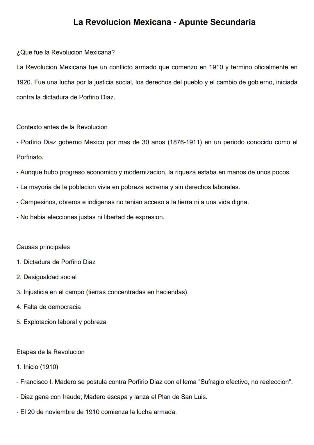 La Revolucion Mexicana - Apunte Secundaria
¿Que fue la Revolucion Mexicana?
La Revolucion Mexicana fue un conflicto armado que comenzo en 19