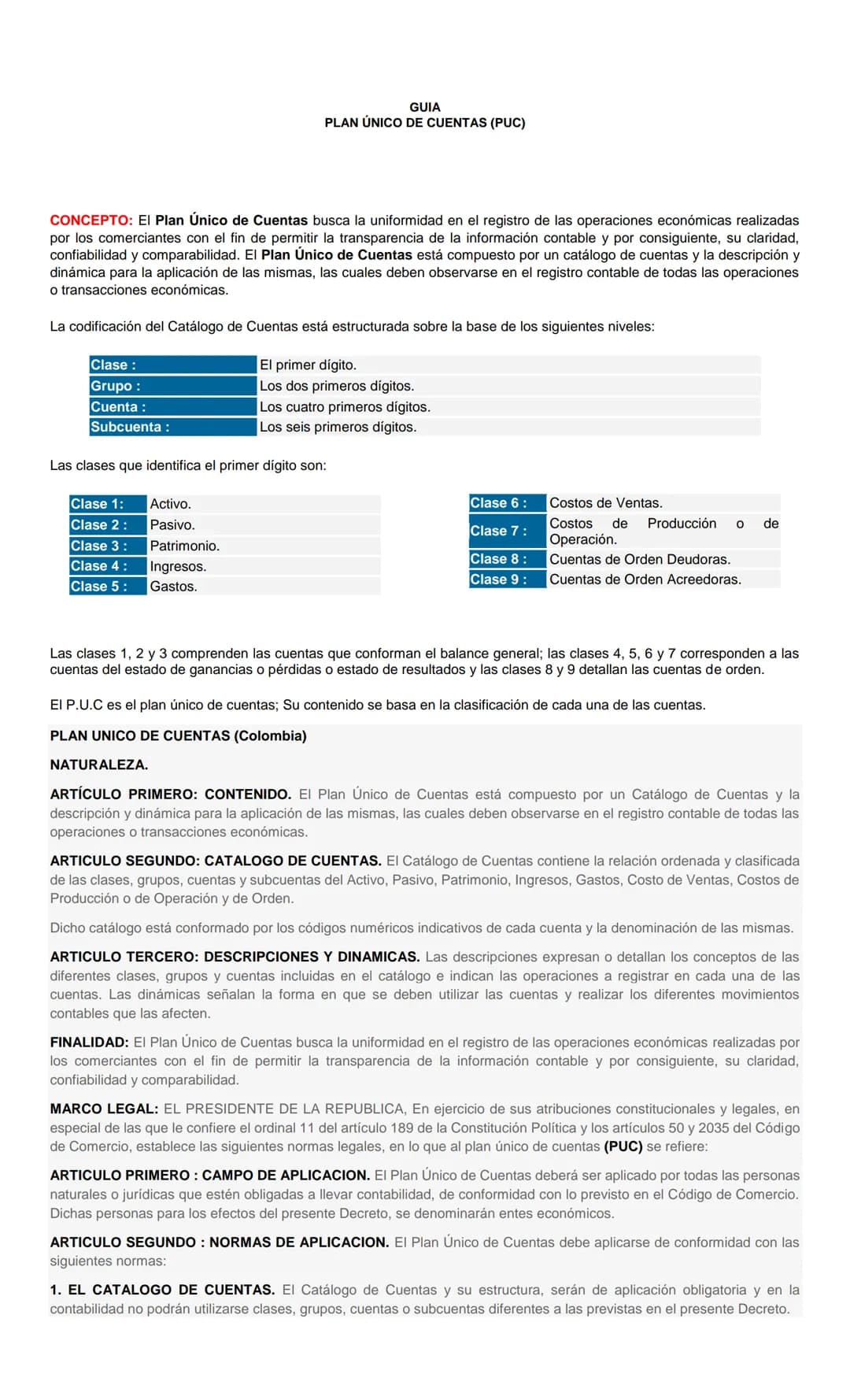 GUIA
PLAN ÚNICO DE CUENTAS (PUC)
CONCEPTO: El Plan Único de Cuentas busca la uniformidad en el registro de las operaciones económicas realiz