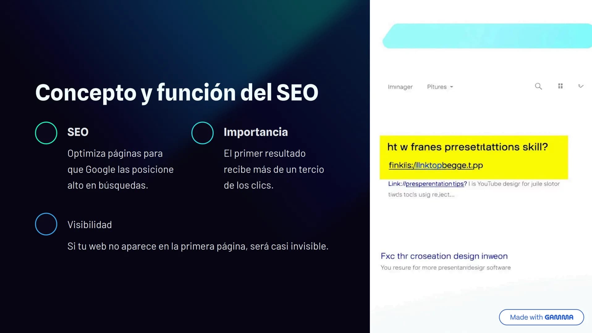 ¿Qué es el SEO? Importancia
en el desarrollo web
SEO significa optimización para motores de búsqueda. Es clave para
la visibilidad online.
G