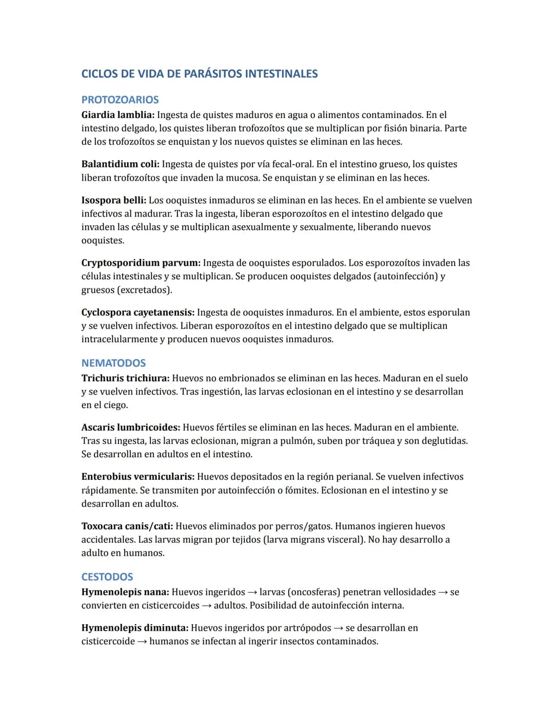 --- OCR Start ---
Parásitos Intestinales - Resumen para
Estudio
PROTOZOARIOS INTESTINALES
Parásito Enfermed Ciclo de
ad
Tipo de Forma
ciclo