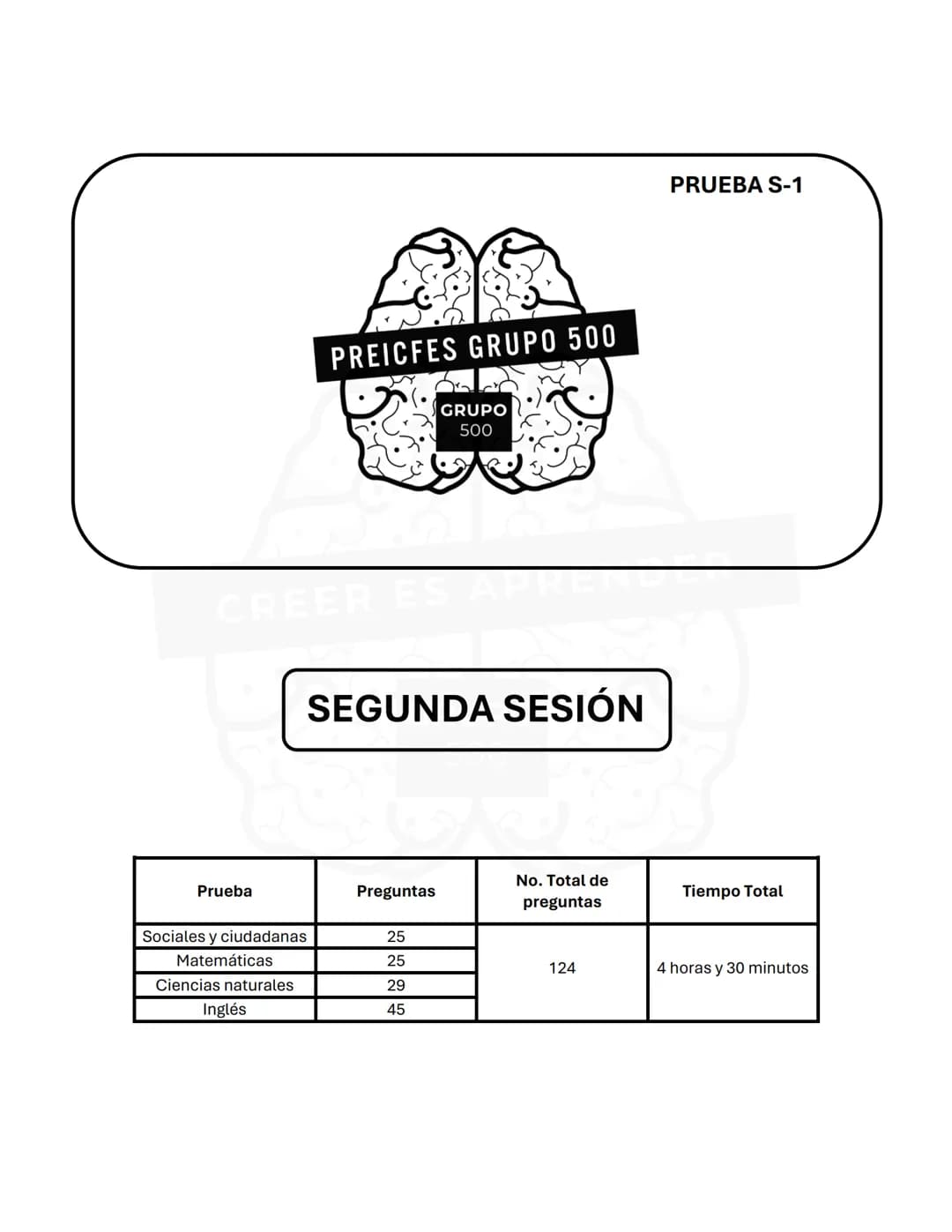 PREICFES GRUPO 500
GRUPO
500
CREER ES APR
SEGUNDA SESIÓN
PRUEBA S-1
No. Total de
Prueba
Preguntas
Tiempo Total
preguntas
Sociales y ciudadan