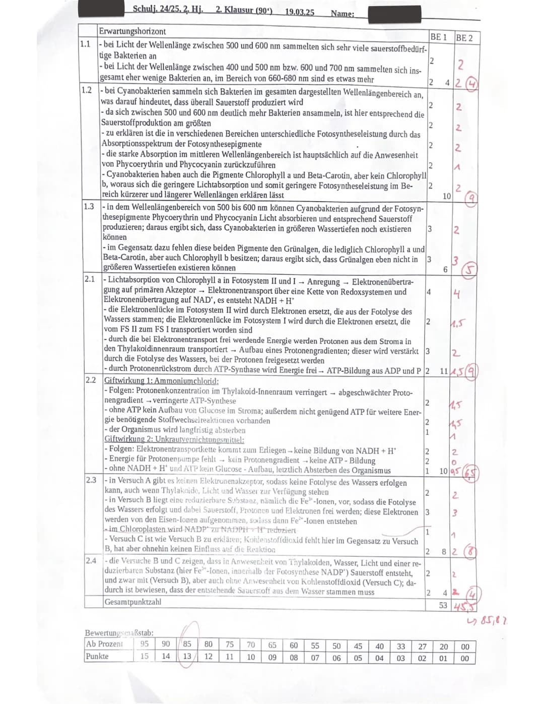 --- OCR Start ---
Schulj. 24/25, 2. Hj. 2. Klausur (90') 19.03.25 Name:
Fotosynthese
Aufgabe 1: Fotosyntheseleistung bei Cyanobakterien
1/1
