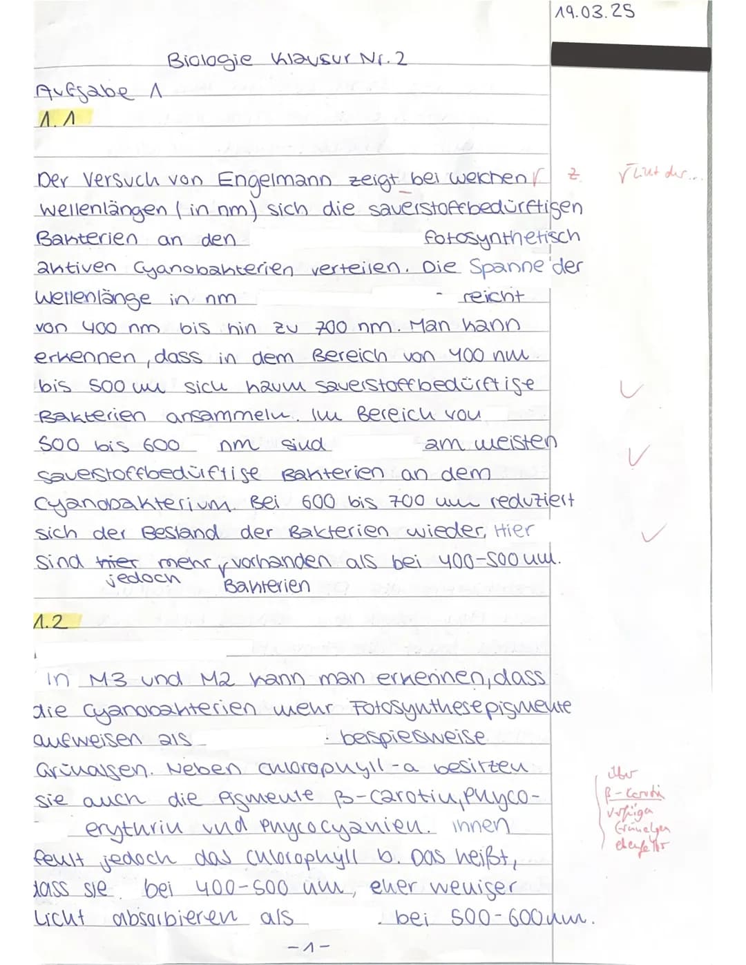 --- OCR Start ---
Schulj. 24/25, 2. Hj. 2. Klausur (90') 19.03.25 Name:
Fotosynthese
Aufgabe 1: Fotosyntheseleistung bei Cyanobakterien
1/1