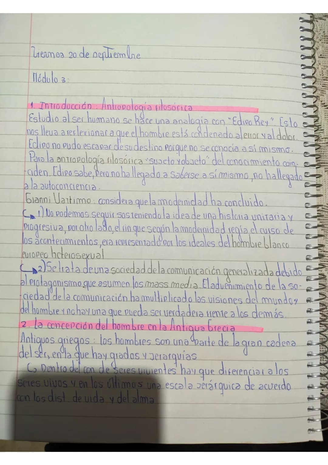 Viernes 20 de septiembre
Módulo 3:
1. Introducción. Antropologia silosórica
Estudio al ser humano se hace una analogia con "Edipo Rey". Esto