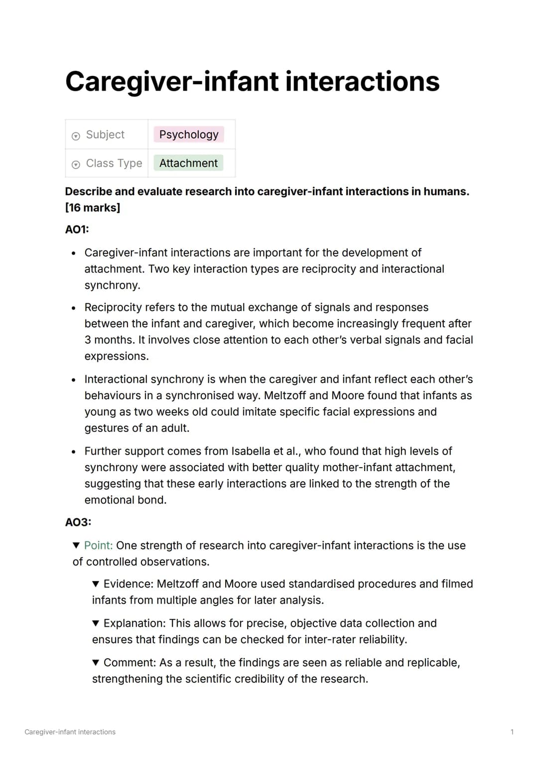 Caregiver-infant interactions
Subject
Class Type
Psychology
Attachment
Describe and evaluate research into caregiver-infant interactions in