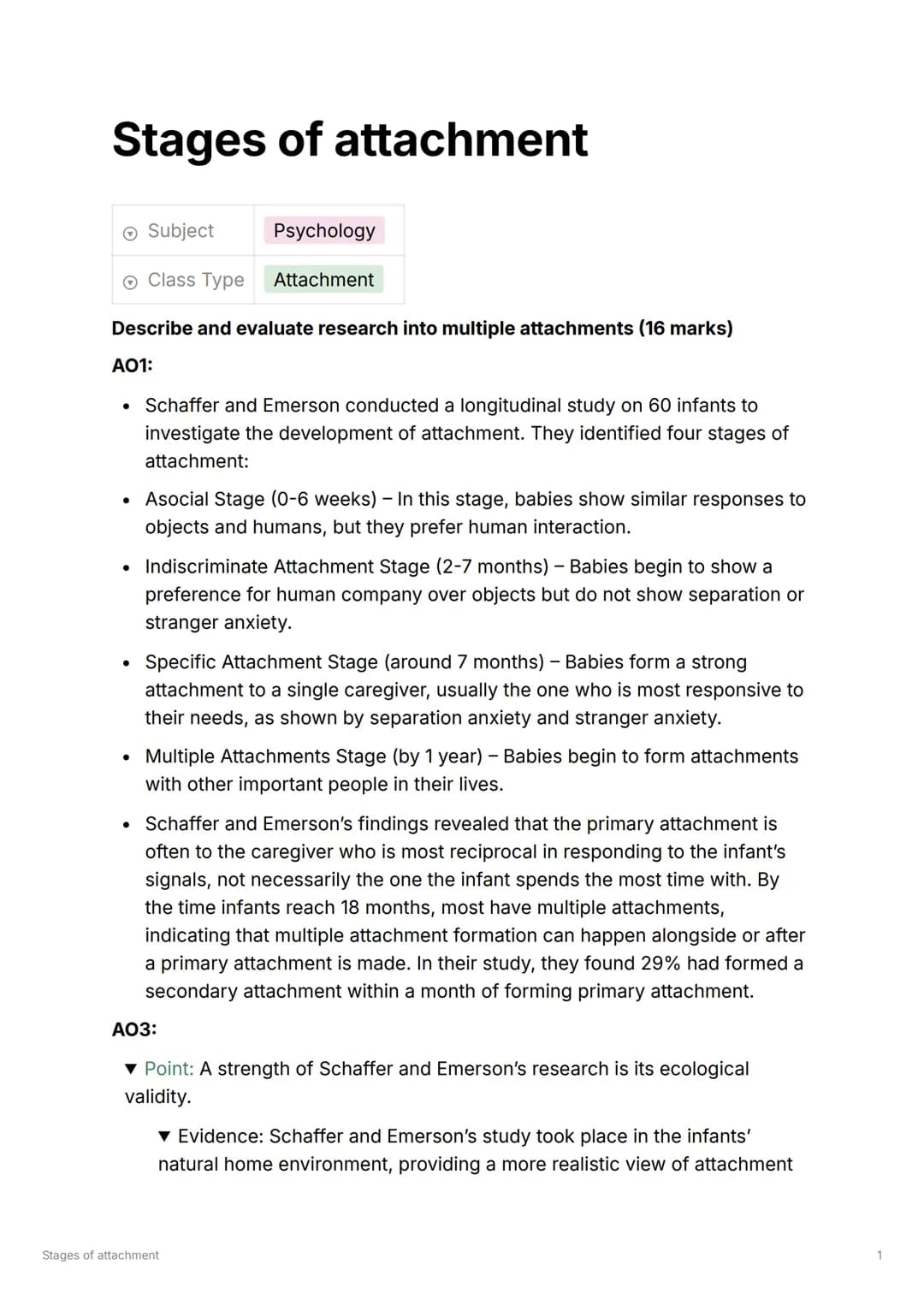 Caregiver-infant interactions
Subject
Class Type
Psychology
Attachment
Describe and evaluate research into caregiver-infant interactions in