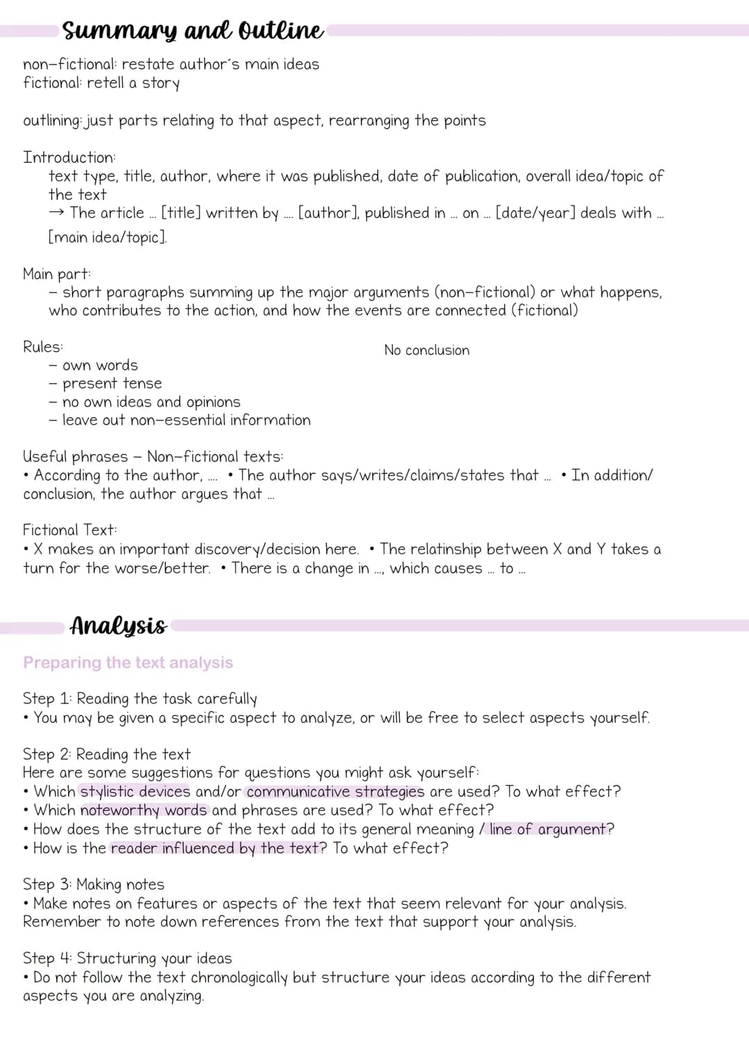 Englisch Abitur SH
2025 text types # Summary and Outline
non-fictional: restate author's main ideas
fictional: retell a story
outlining: ju