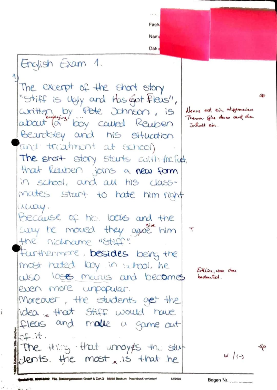 !
Fach
Nam
Datu
1
English Exam 1.
The excerpt of the short story
"Stiff is Ugly and has got Fleas",
written by Pete Johnson, is henne est e