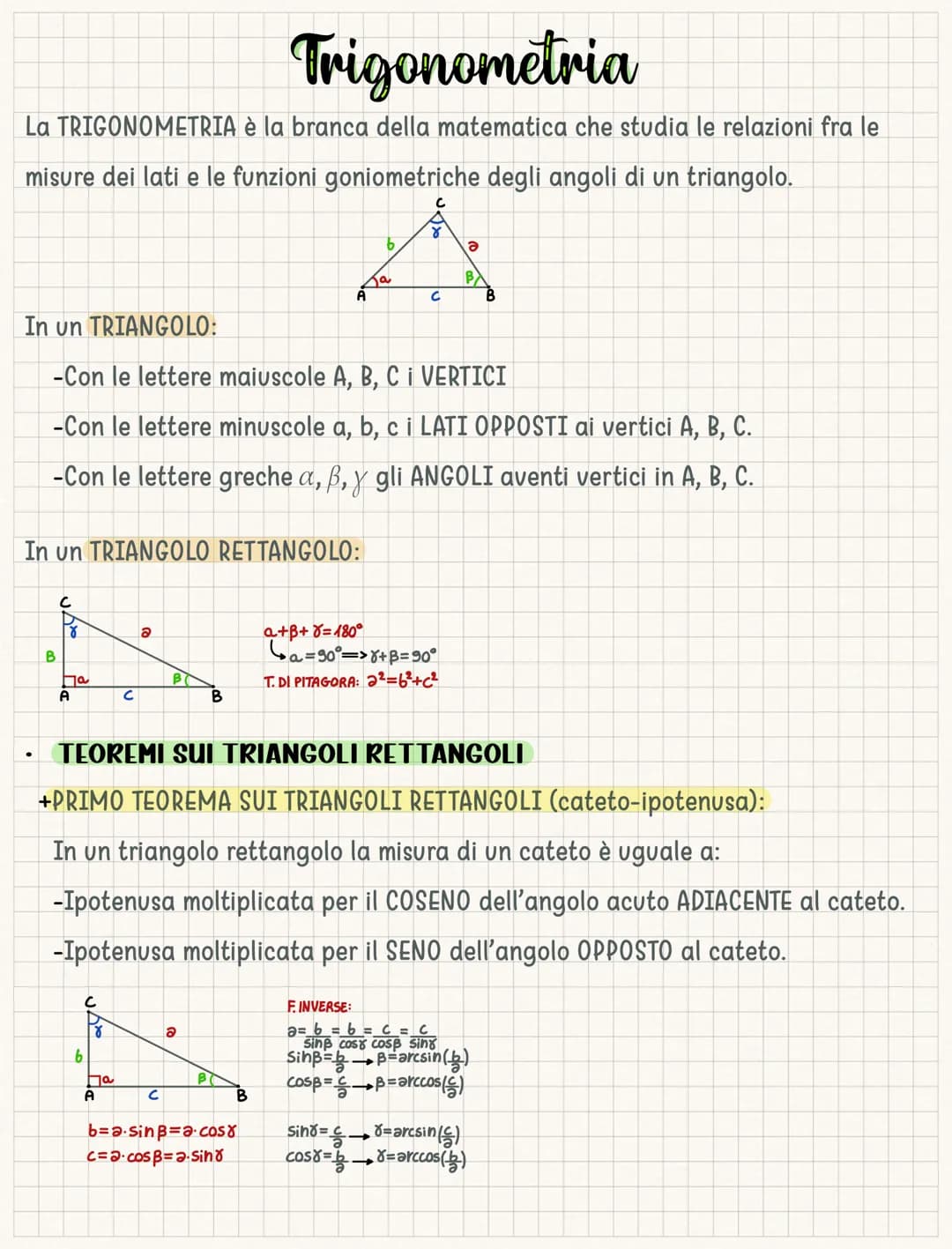 Trigonometria
La TRIGONOMETRIA è la branca della matematica che studia le relazioni fra le
misure dei lati e le funzioni goniometriche degli