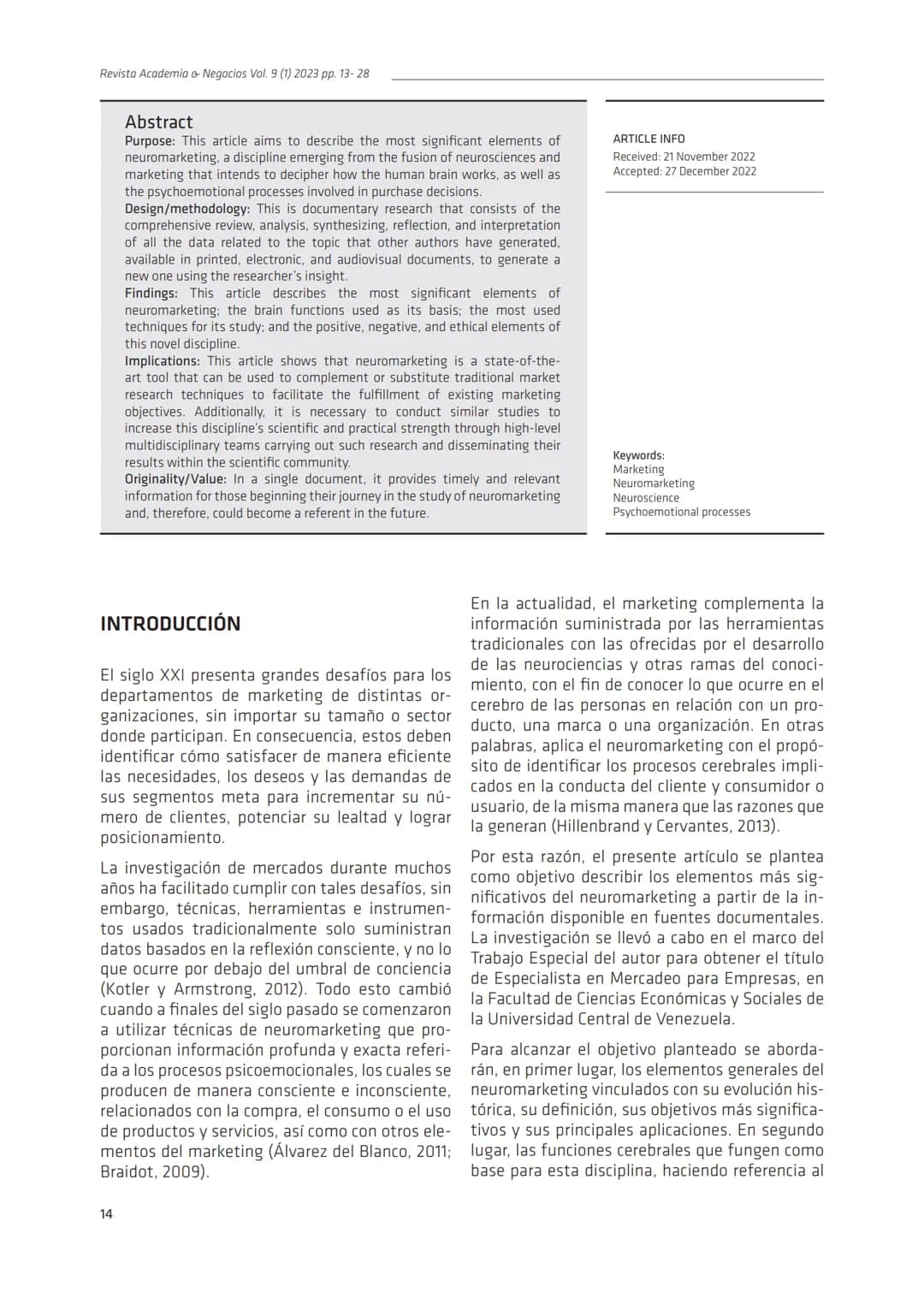 R.A.N. Vol. 9 (1) 2023
ran.udec.cl
Revisión de Literatura
RAN
El neuromarketing: fundamentos, técnicas, ventajas y
limitaciones
Neuromarketi