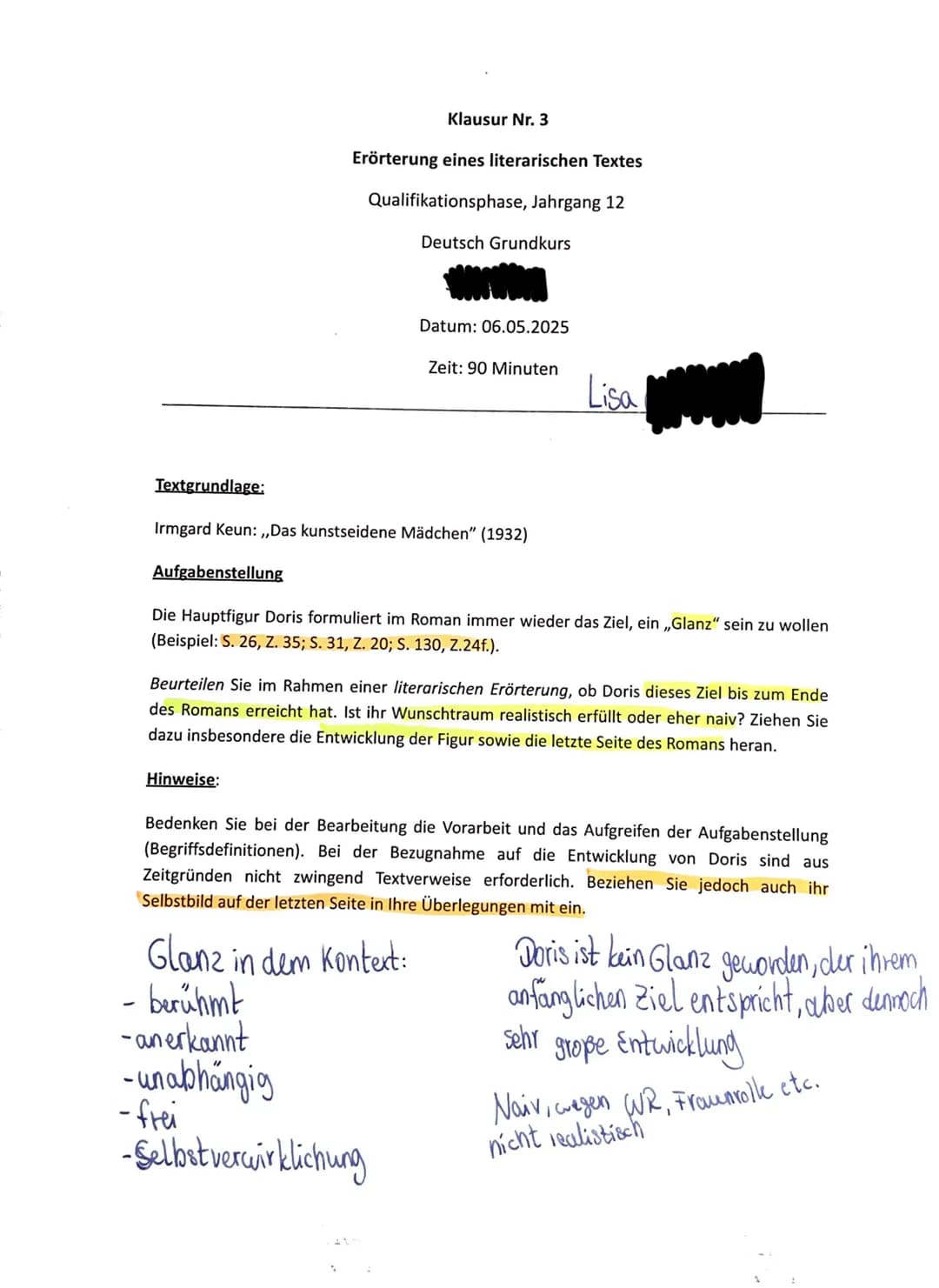 Klausur Nr. 3
Erörterung eines literarischen Textes
Qualifikationsphase, Jahrgang 12
Deutsch Grundkurs
Datum: 06.05.2025
Zeit: 90 Minuten
Li
