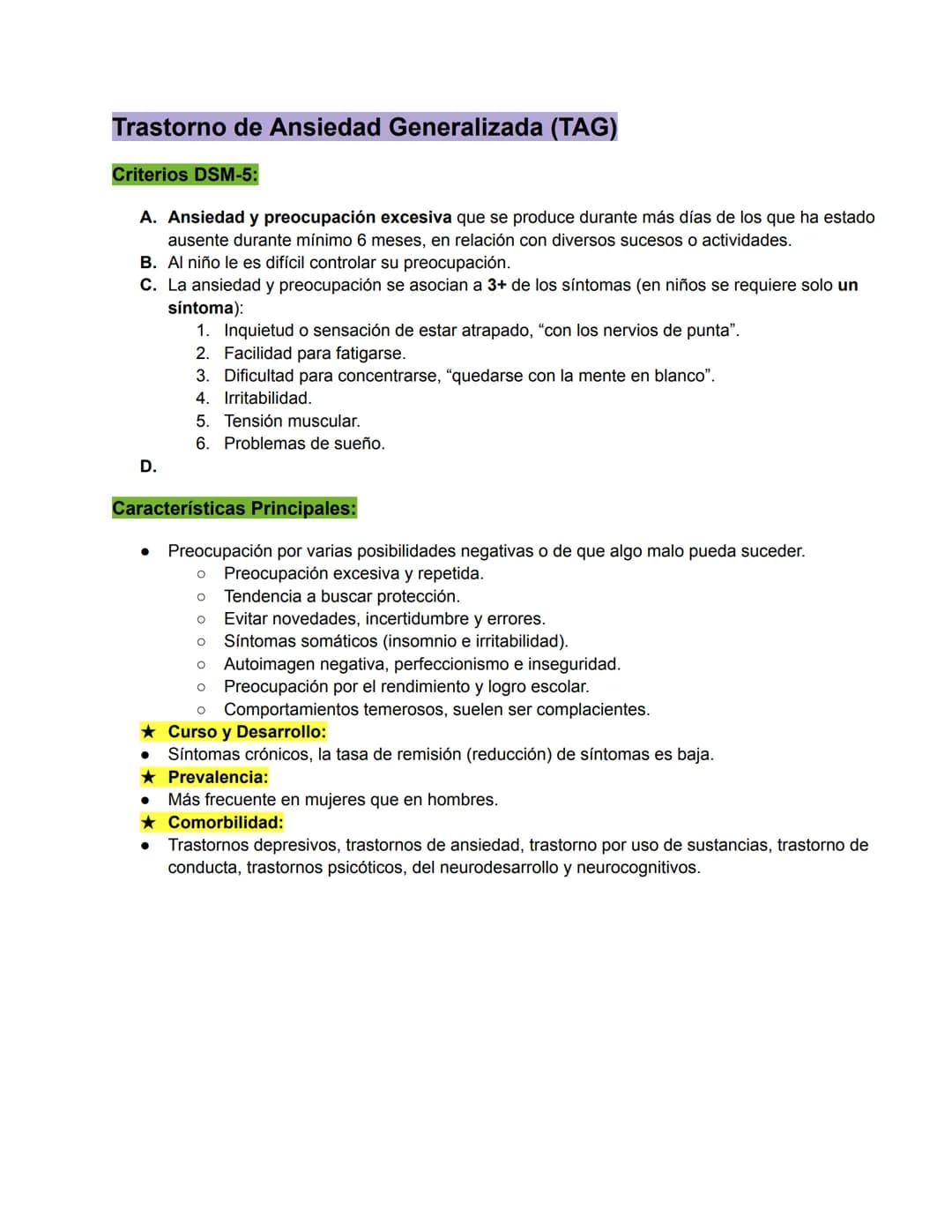 Trastornos de Ansiedad
Conceptos Relevantes:
• Miedo: Estado provocado por un objeto/situación específica que está presente y es capaz de
ca