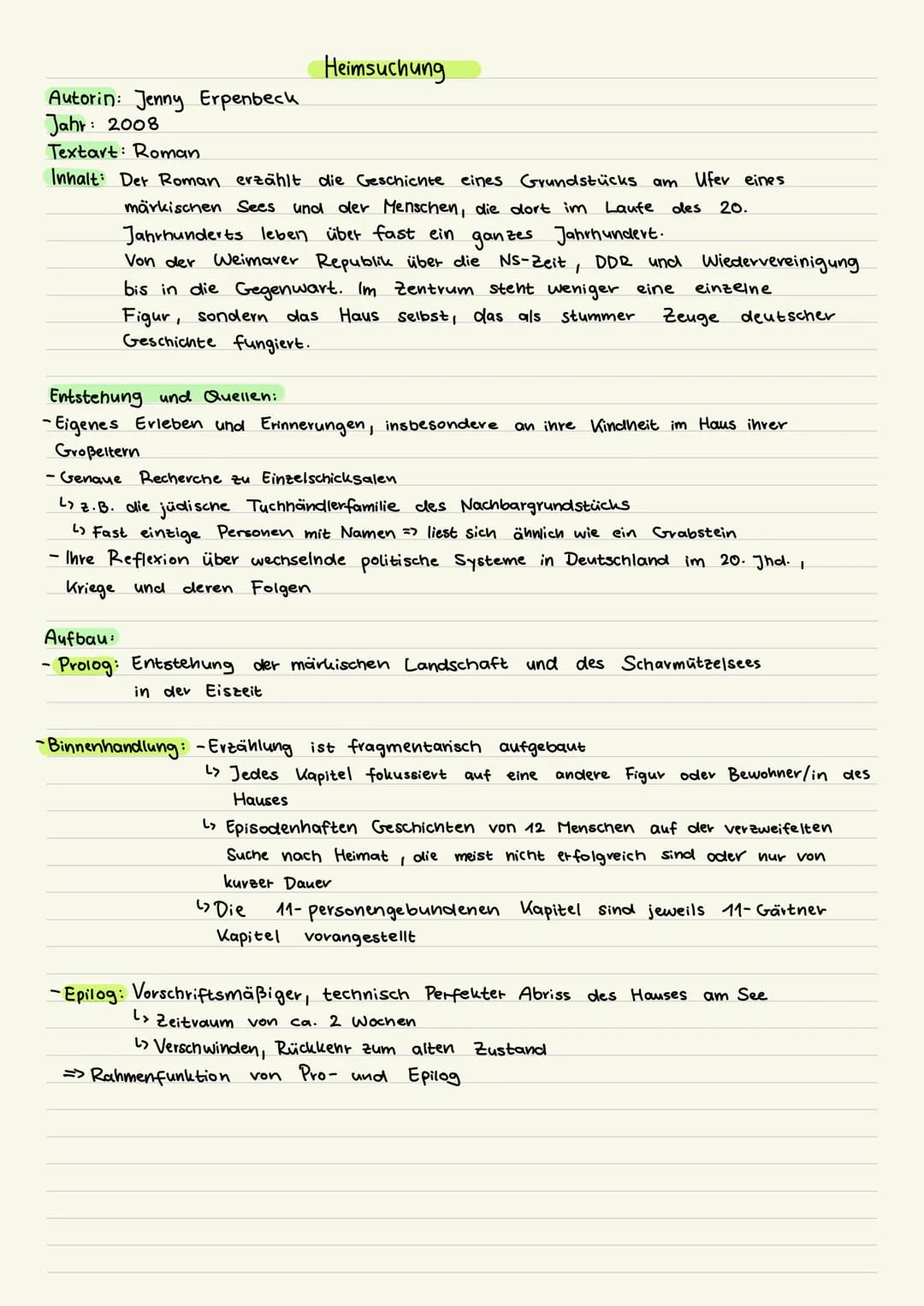 --- OCR Start ---
Heimsuchung
Autorin: Jenny Erpenbeck.
Jahr: 2008
Textart: Roman
Inhalt: Der Roman erzählt die Geschichte eines Grundstücks