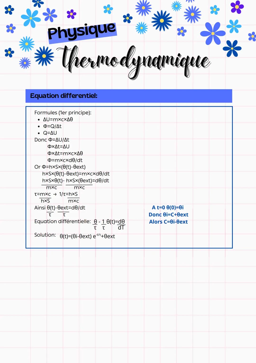 Physique
thermodynamique
Cours/formules/méthodes
Gaz parfait
Équation: PxV=n×R×T
P→Pa; V → m³; n → mol; R →
Pa.m³.mol⁻¹.K⁻¹; T → K
Un gaz di