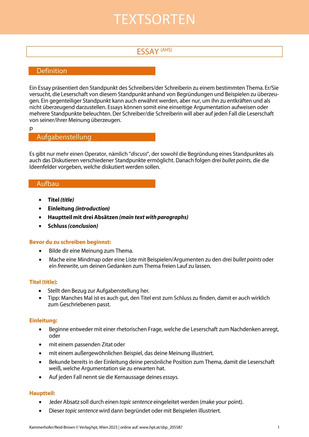 # TEXTSORTEN
## ESSAY (AHS)
### Definition
Ein Essay präsentiert den Standpunkt des Schreibers/der Schreiberin zu einem bestimmten Thema.