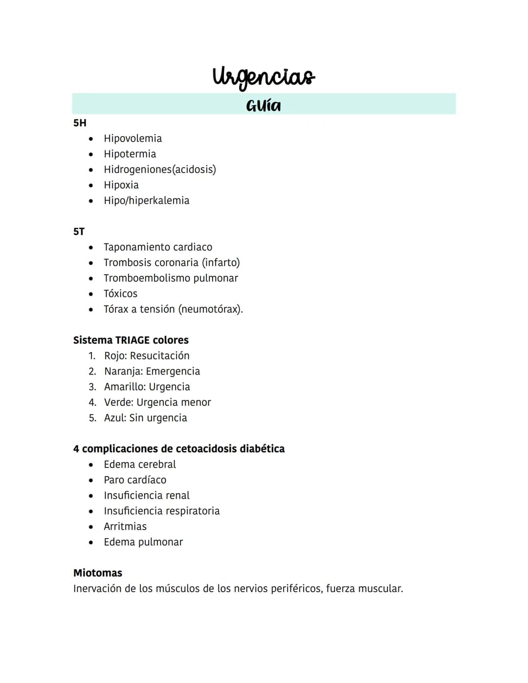 5H
* Hipovolemia
* Hipotermia
* Hidrogeniones(acidosis)
* Hipoxia
* Hipo/hiperkalemia
5T
* Taponamiento cardiaco
* Trombosis coronaria (i