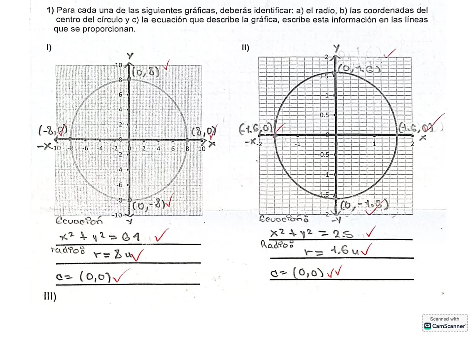 1) Para cada una de las siguientes gráficas, deberás identificar: a) el radio, b) las coordenadas del
centro del círculo y c) la ecuación qu