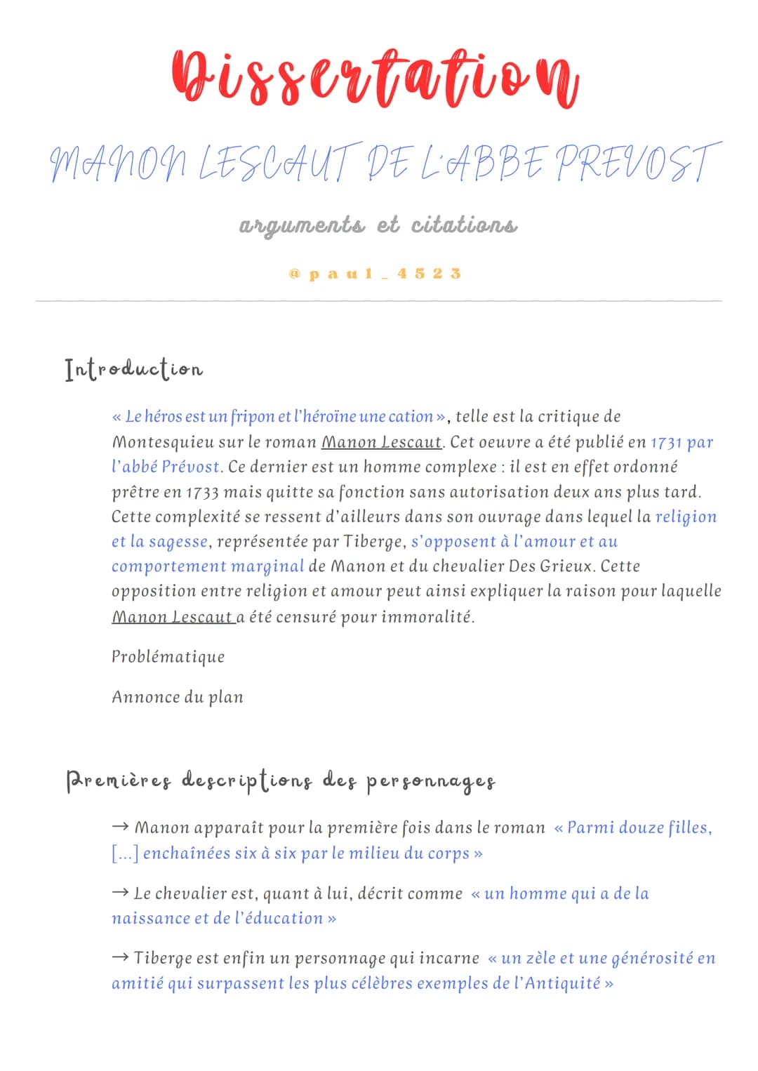 Dissertation
MANON LESCAUT DE L'ABBE PREVOST
arguments et citations
@paul_4523
Introduction
<< Le héros est un fripon et l'héroïne une catio