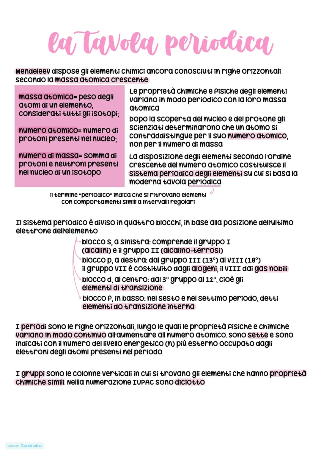 la tavola periodica
Mendeleev dispose gli elementi chimici ancora conosciuti in righe orizzontali
secondo la massa atomica crescente
massa a