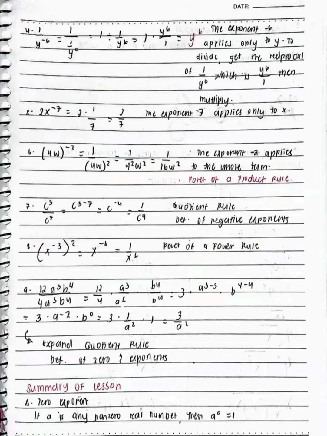 lecture notes in
MATH 9
3rd
QTR
Spring Einf
413
Spring Leaf
DO NOT RE-UPLOAD | @jona.notes --- OCR Start ---
DATE:
Laws of Exponents
If a an