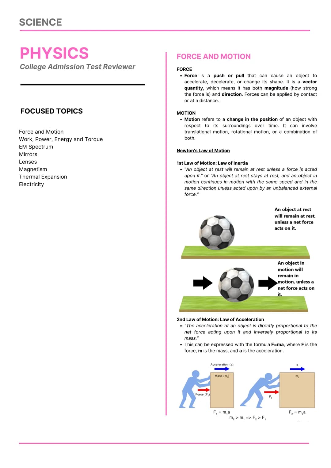 SCIENCE
PHYSICS
College Admission Test Reviewer
FOCUSED TOPICS
Force and Motion
Work, Power, Energy and Torque
EM Spectrum
Mirrors
Lenses
Ma