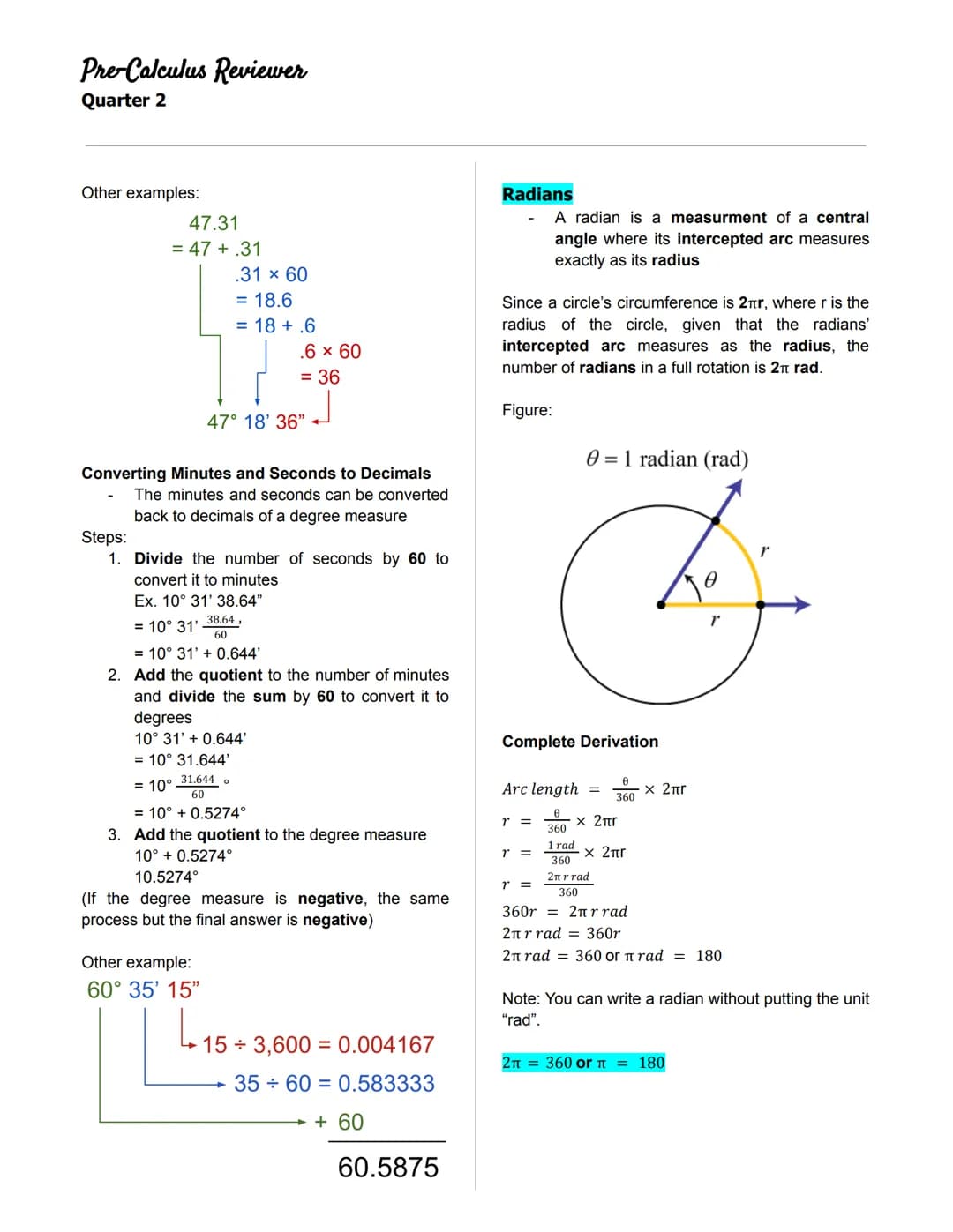 Pre-Calculus Reviewer
Quarter 2
◆ANGLES IN A UNIT CIRCLE
Unit Circle
- a circle on the Cartesian plane that is
centered at the origin (0,0)