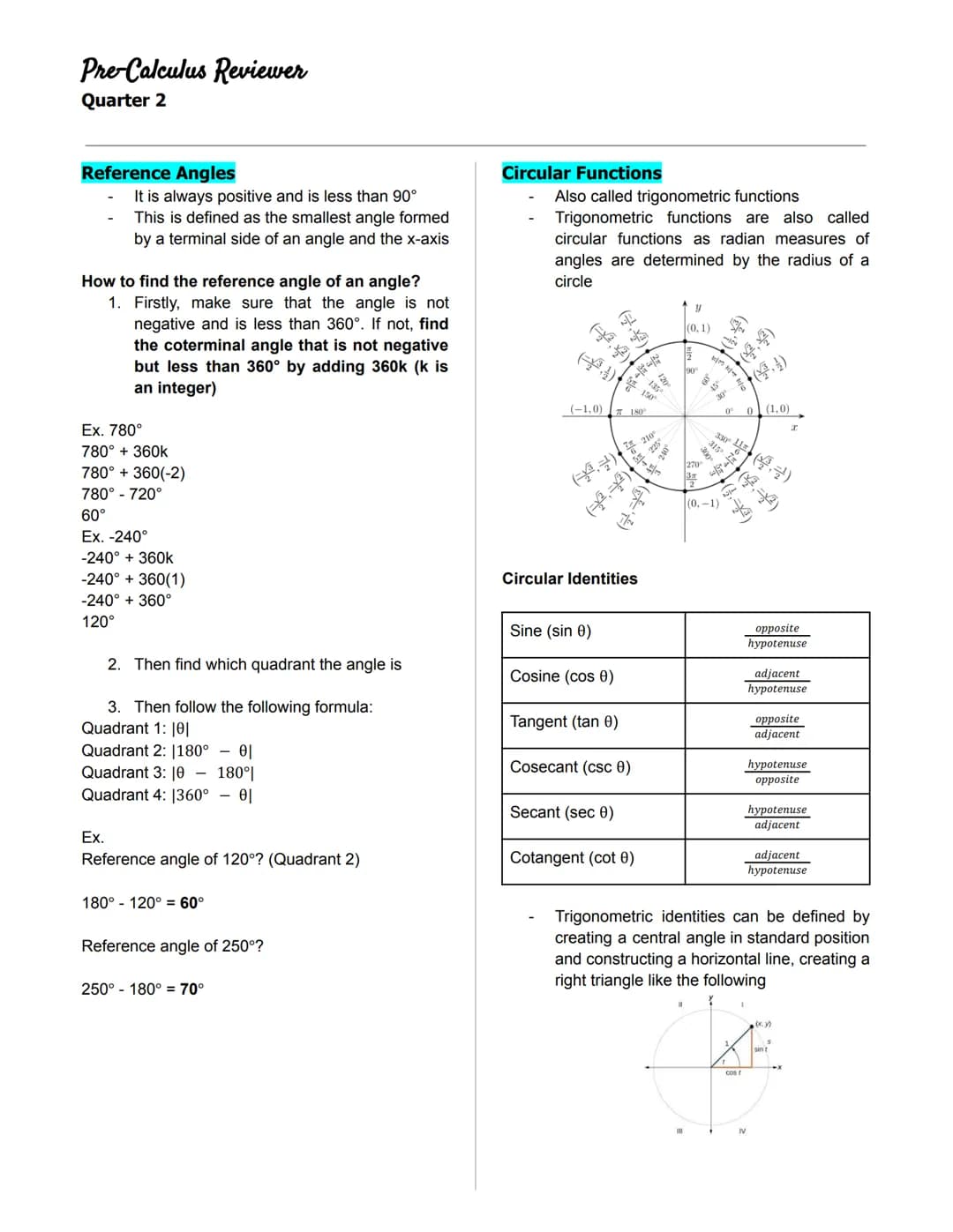 Pre-Calculus Reviewer
Quarter 2
◆ANGLES IN A UNIT CIRCLE
Unit Circle
- a circle on the Cartesian plane that is
centered at the origin (0,0)