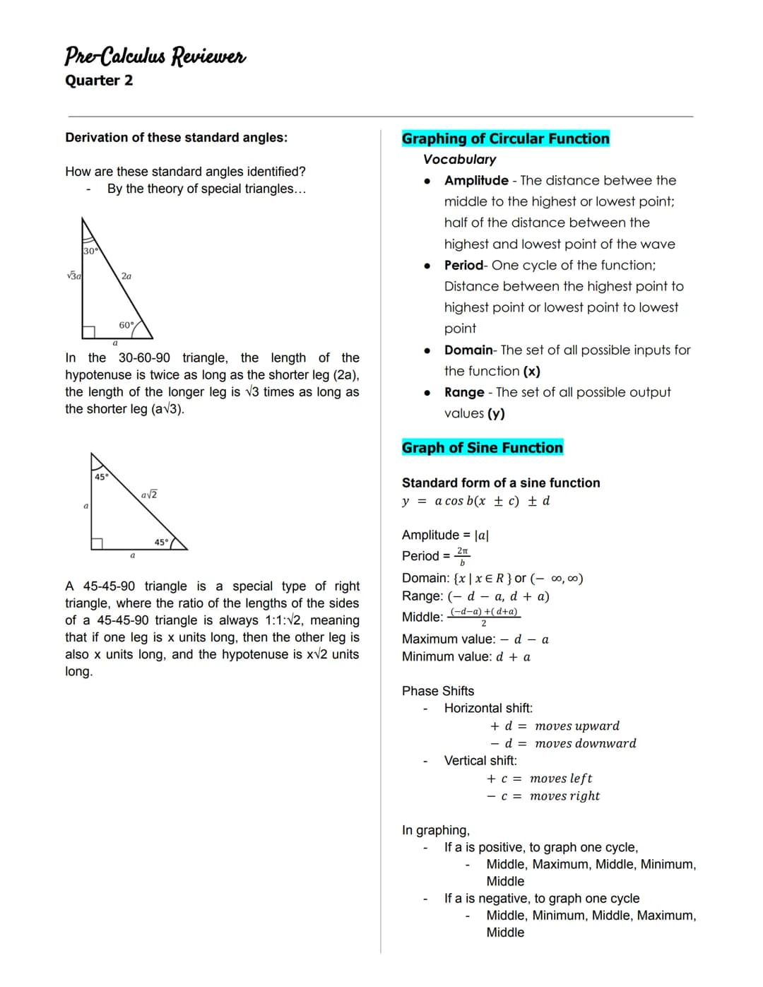 Pre-Calculus Reviewer
Quarter 2
◆ANGLES IN A UNIT CIRCLE
Unit Circle
- a circle on the Cartesian plane that is
centered at the origin (0,0)