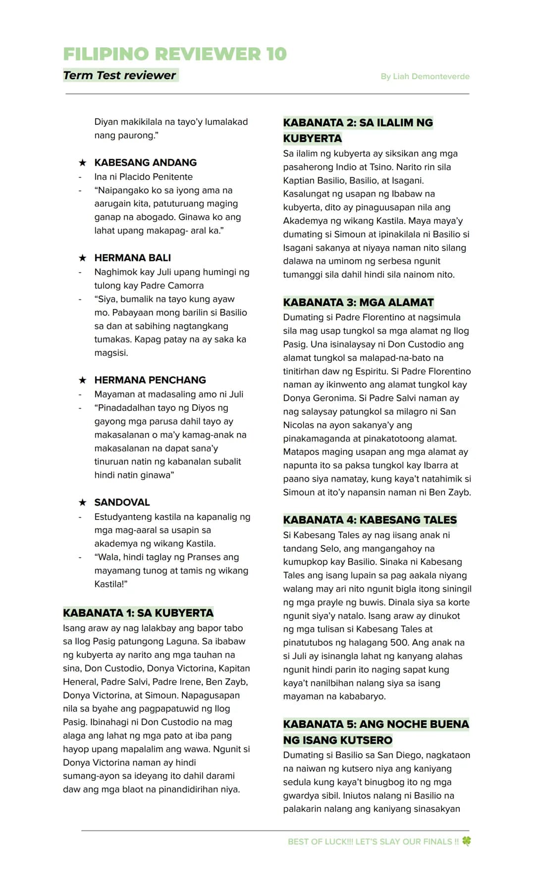 FILIPINO REVIEWER 10
Term Test reviewer
By Liah Demonteverde
EL FILIBUSTERISMO
→ Inilahad sa nobelang ito ang mga
nangyari sa mga pangunahin