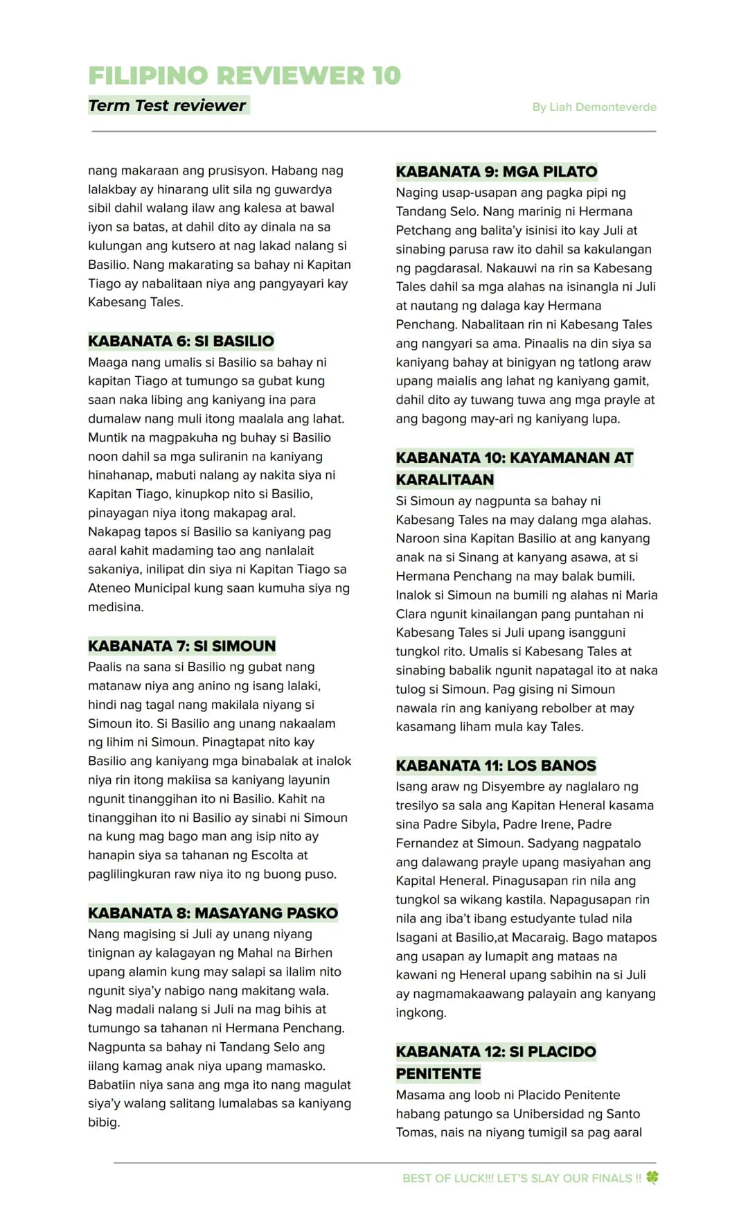 FILIPINO REVIEWER 10
Term Test reviewer
By Liah Demonteverde
EL FILIBUSTERISMO
→ Inilahad sa nobelang ito ang mga
nangyari sa mga pangunahin