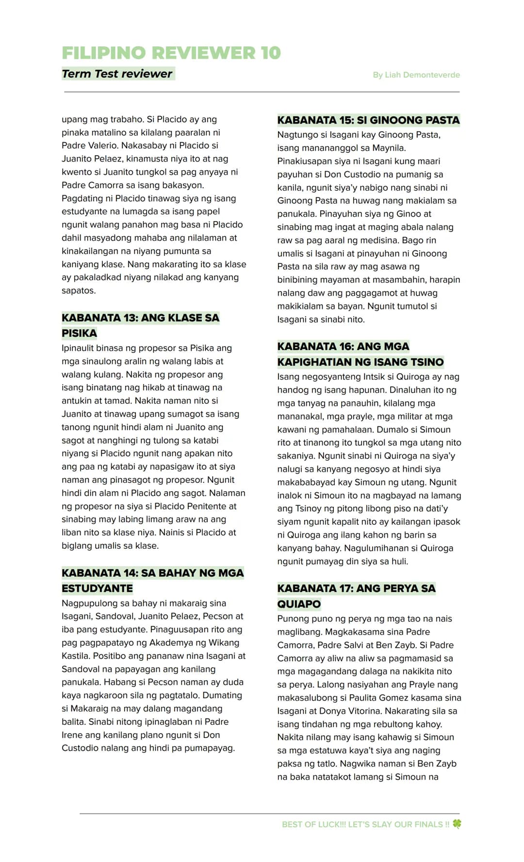 FILIPINO REVIEWER 10
Term Test reviewer
By Liah Demonteverde
EL FILIBUSTERISMO
→ Inilahad sa nobelang ito ang mga
nangyari sa mga pangunahin
