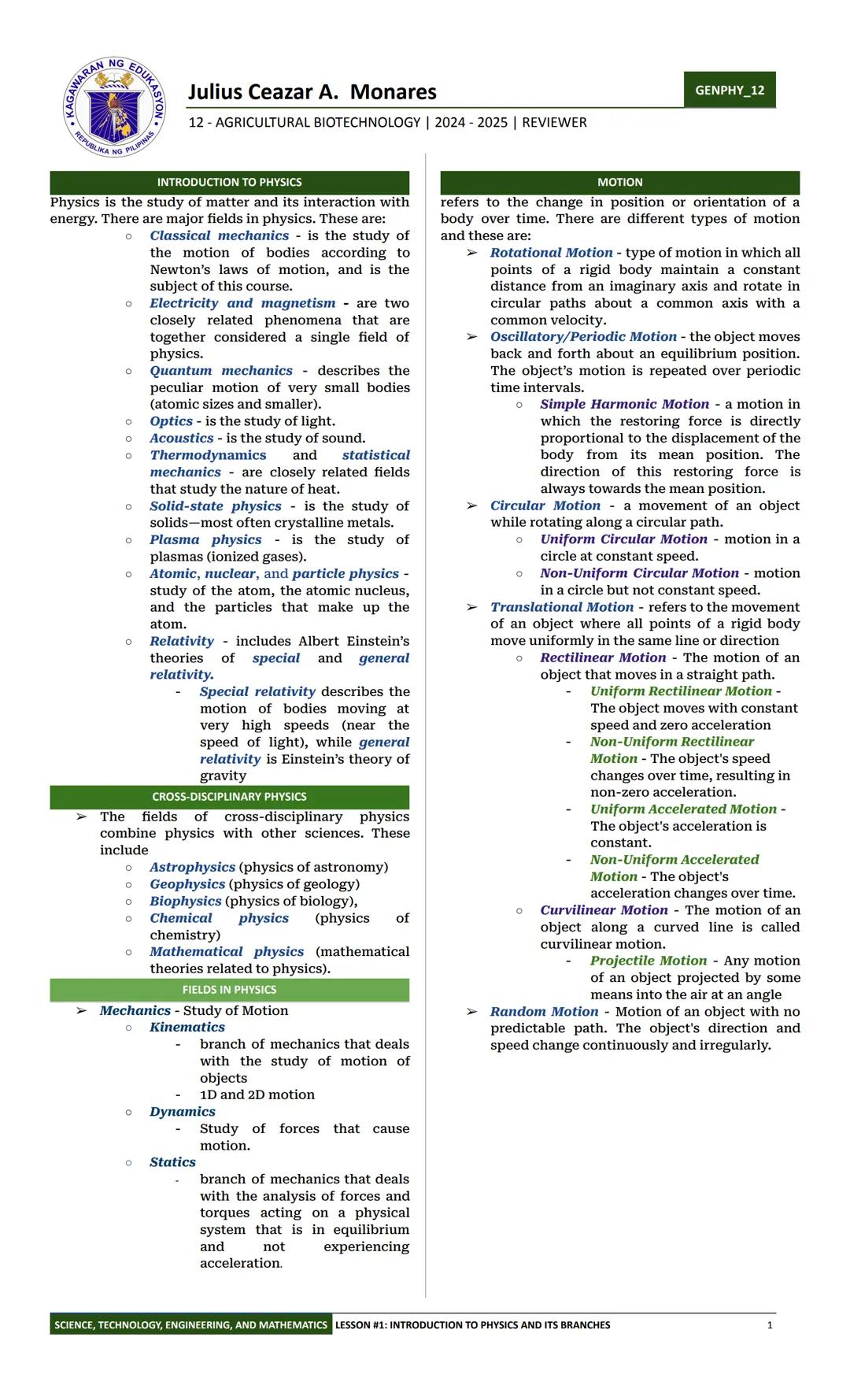 # RAN NG EDUKAS
M
Julius Ceazar A. Monares
12- AGRICULTURAL BIOTECHNOLOGY | 2024-2025 | REVIEWER
# INTRODUCTION TO PHYSICS
# MOTION
GENPHY_1
