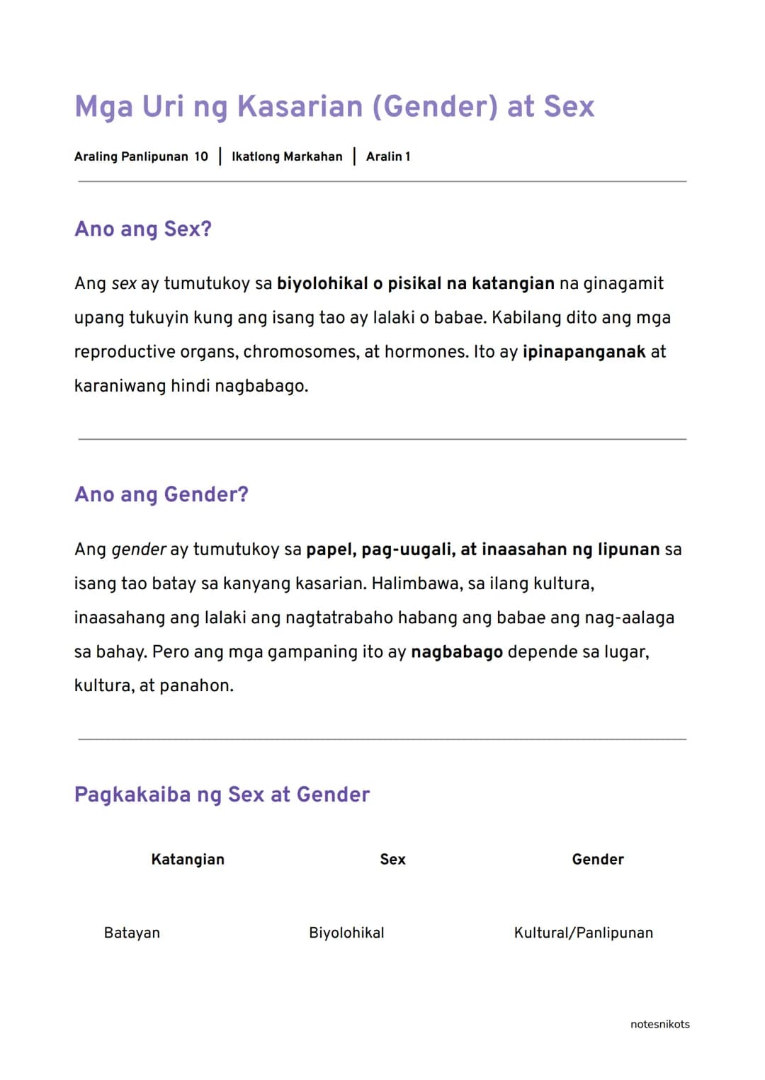 Mga Uri ng Kasarian (Gender) at Sex
Araling Panlipunan 10 | Ikatlong Markahan | Aralin 1
Ano ang Sex?
Ang sex ay tumutukoy sa biyolohikal o