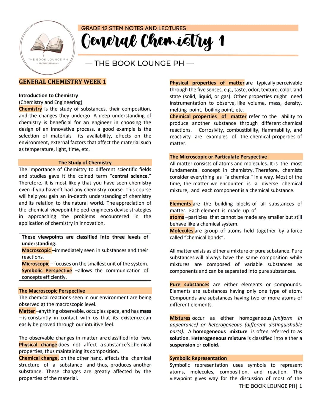 ## GRADE 12 STEM NOTES AND LECTURES
# General Chemistry 1
— THE BOOK LOUNGE PH —
## GENERAL CHEMISTRY WEEK 1
### Introduction to Chemist
