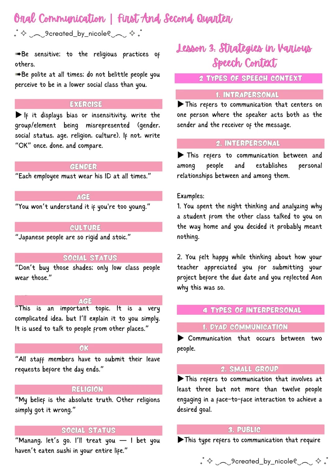 --- OCR Start ---
Oral Communication | First And Second Quarter
+ 9created_by_nicolee
Lesson 1: Communication
COMMUNICATION
►is a process of