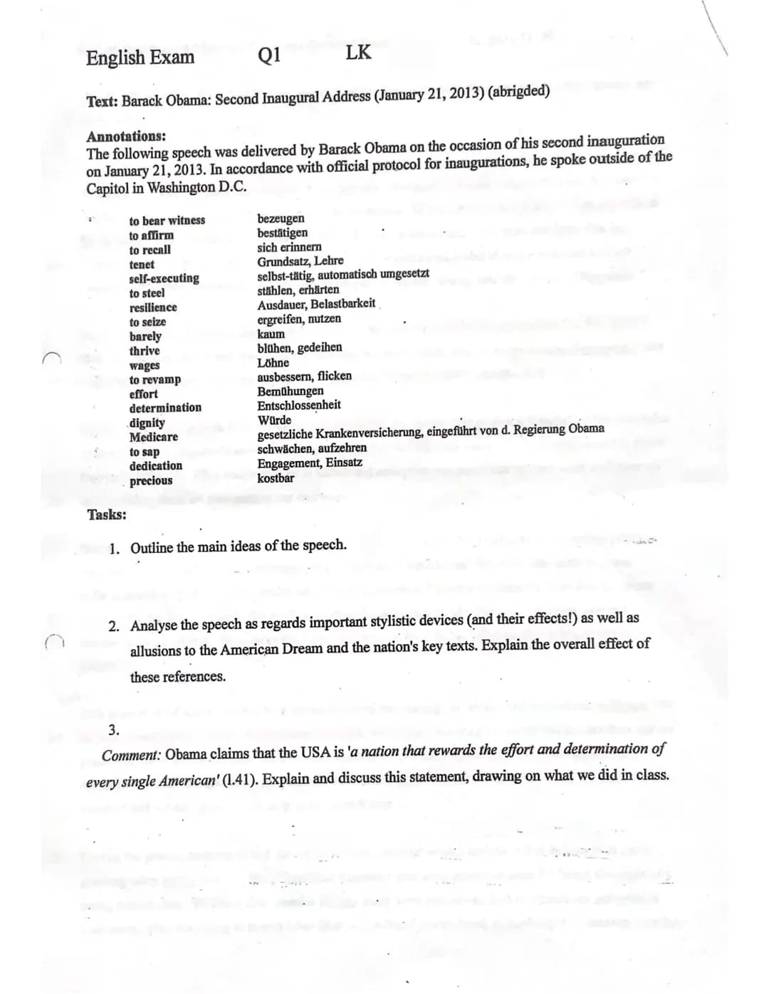 English Exam
Q1
LK
Text: Barack Obama: Second Inaugural Address (January 21, 2013) (abrigded)
Annotations:
The following speech was delivere